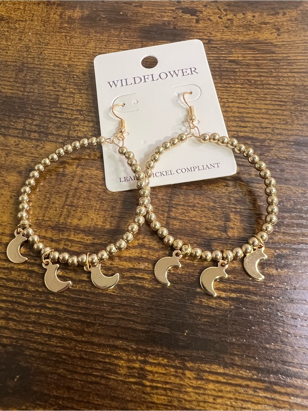 Wildflowers Gold Beaded Hoop Earrings with Crescent Moon Drops